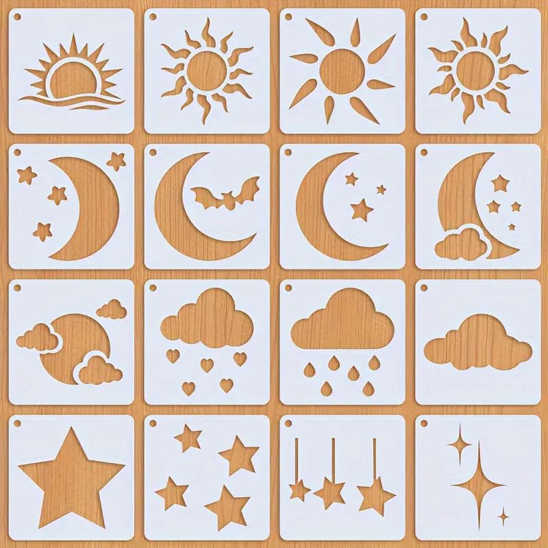 16 PCS Reusable Mixed Patterns Stencil Set – 2.95" x 2.95" PET Plastic Painting Templates for Wall, Scrapbooking, Canvas, Furniture, Rock, and DIY Crafts